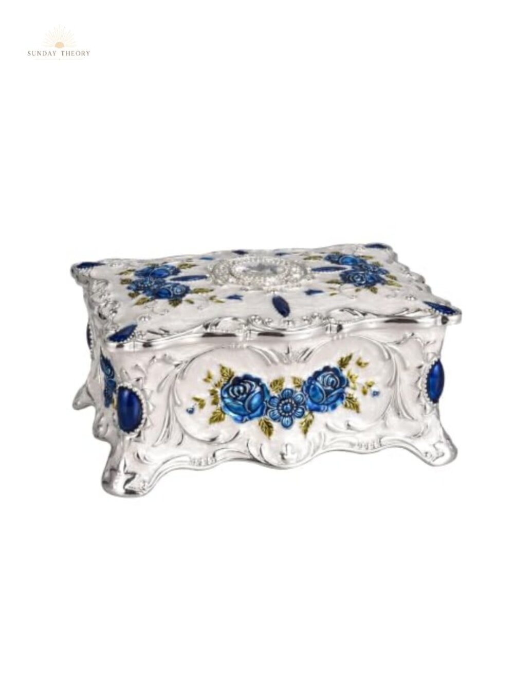 Vintage Metal Jewelry Box Blue Velvet Floral Engraved Trinket Organizer